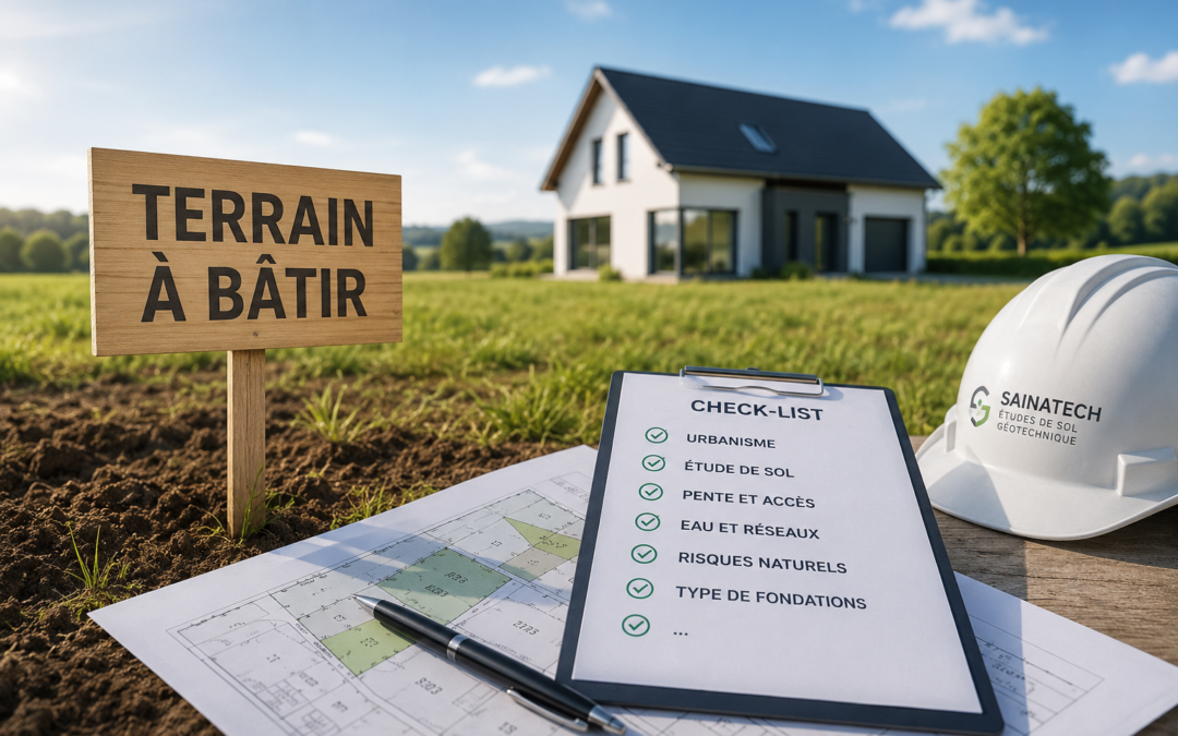 Terrain à bâtir avec checklist d’achat, étude de sol, plans de construction et casque SAINATECH avant projet de maison